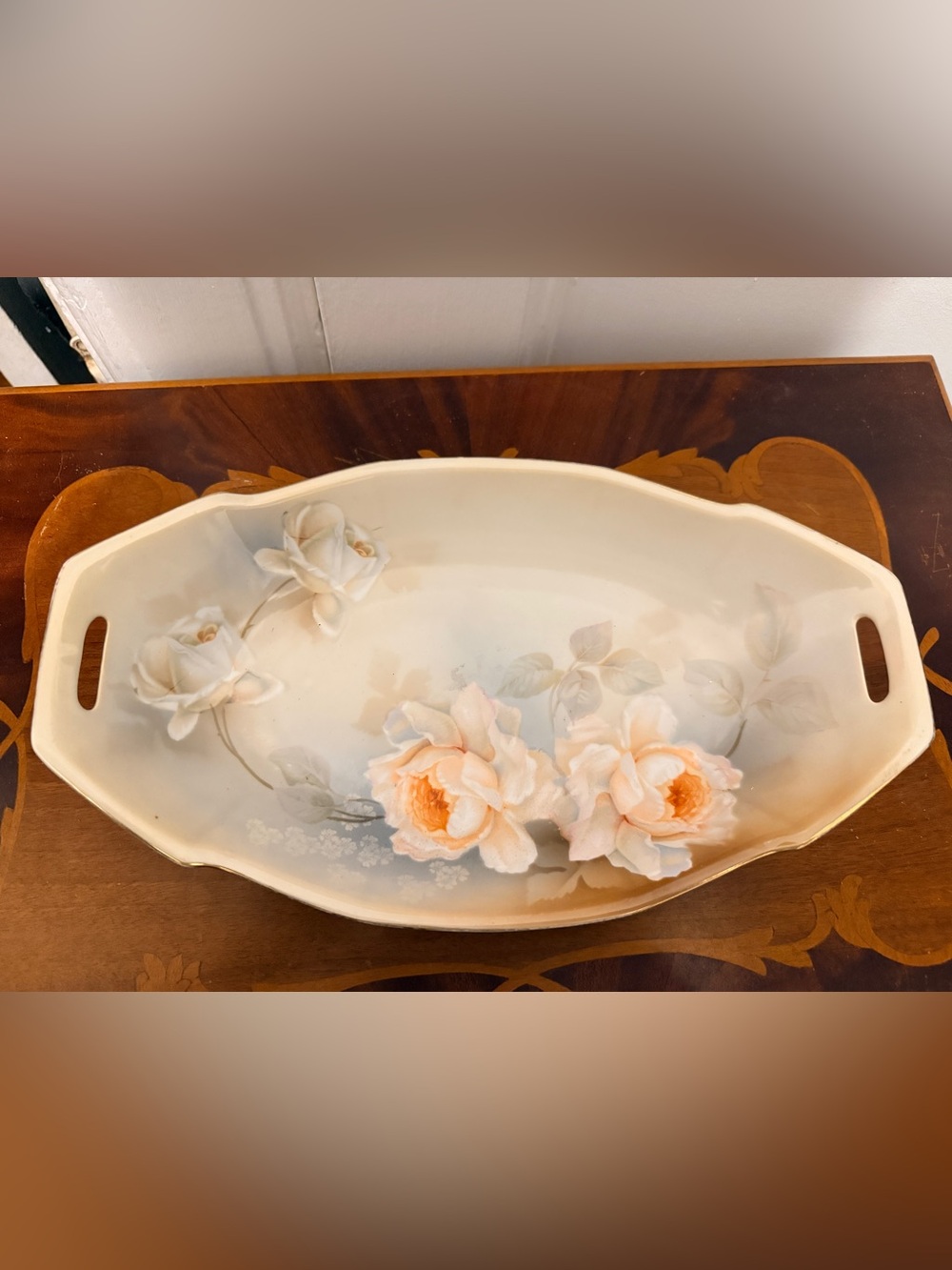 Antique RS Germany 13” Rose Floral Porcelain Handled Serving Tray